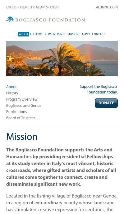 Website for Bogliasco Foundation (mobile view)