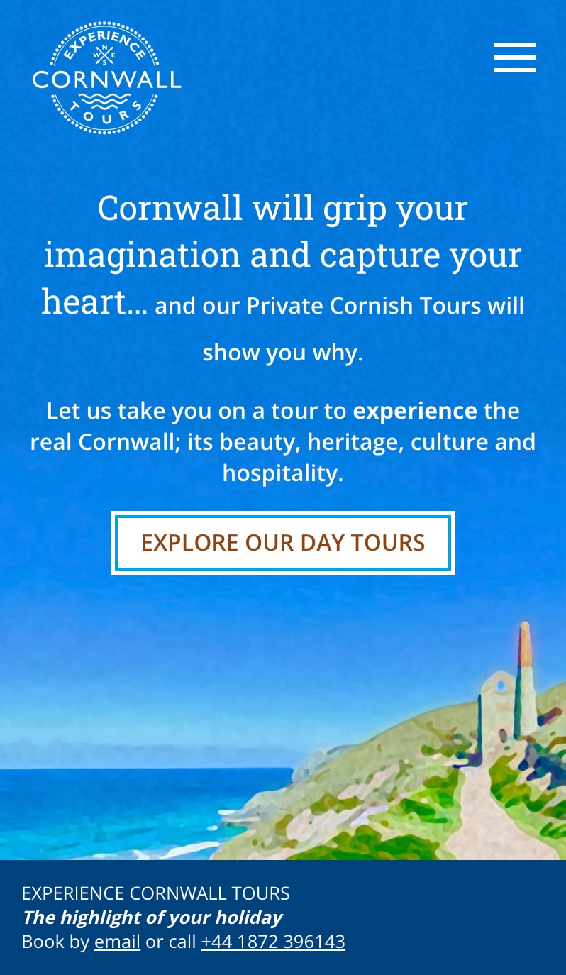 Website for Experience Cornwall Tours (mobile view)